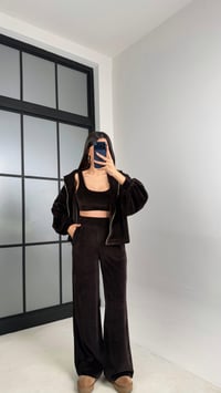 Acı Kahve Kapüşonlu Hırka Crop Beli Lastikli Pantolon 3'lü Kadife Takım GAUS-00875GAUSTAKIMGAUS-00875