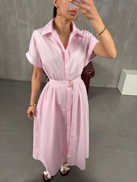 Pembe Kuşaklı Beli Lastikli Poplin Gömlek Elbise Gaus00083GausELBİSEGU1001197