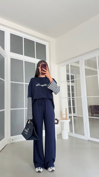 Lacivert Kolu Şeritli Tshirt Beli Lastikli Pantolon İkili Modal Takım GAUS-02227GAUSTAKIMGAUS-02227