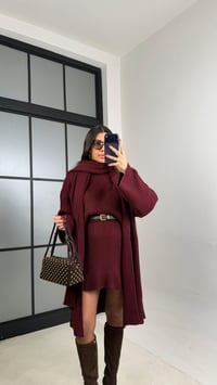 Bordo Şal Detaylı Hırka Kazak Beli Lastikli Etek Triko Takım GAUS-01039GAUSTAKIMGAUS-01039