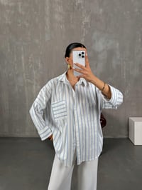 Mavi Çizgili Oversize Keten Gömlek Gaus00017GausGÖMLEKGU1001022