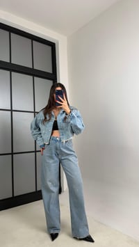 Mavi Crop Ceket Jean Taşlı ZR Model Denim Takım GAUS-00917GAUSTAKIMGAUS-00917