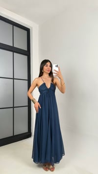 Lacivert Beyaz Puantiyeli Dekolteli Astarlı Şifon Elbise Gaus00578GausELBİSEGU1002348