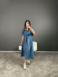 Vogi Mavi Premium Kalite Oversize Uzun Kemerli Kot ElbiseGausELBİSEGU004503