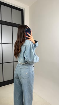 Mavi Crop Ceket Jean Taşlı ZR Model Denim Takım GAUS-00917GAUSTAKIMGAUS-00917