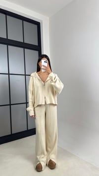 Ekru Kapüşonlu Hırka Beli Lastikli Pantolon İkili Triko Takım GAUS-00564GAUSTAKIMGAUS-00564