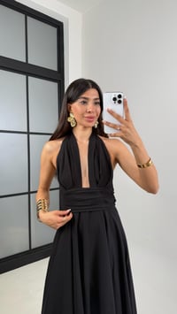 Siyah Boyundan Bağlamalı Astarlı Keten Elbise Gaus00627GausELBİSEGU1002466