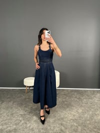 Laren Uzun Mavi Tasarım Bağlama Detay Denim ElbiseGausELBİSEGU004582
