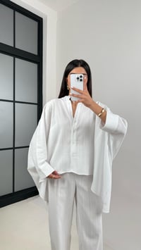 Beyaz Önü Düğmeli Yarasa Kol Gömlek Beli Lastikli Cepli Pantolon Keten Takım Gaus00408GausTAKIMGU1001952