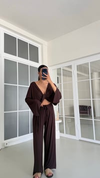 Kahve Bağlama Detaylı Bluz Beli Lastikli Pantolon Likralı Takım GAUS-01732GAUSTAKIMGAUS-01732