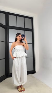 Beyaz Balon Bluz Beli Lastikli Şalvar Pantolon İkili Premium Takım GAUS-01569GAUSTAKIMGAUS-01569