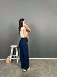 Flay Lacivert İthal Kumaş ZR Model Bel Bağlamalı Rahat PantolonGausPANTOLONGU008848