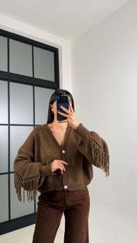 Kahve Saçaklı Düğmeli Triko Crop Hırka GAUS-00749GAUSHIRKAGAUS-00749