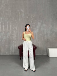 Beyaz Beli Lastikli Yarım Astarlı Keten Pantolon Gaus00237GausPANTOLONGU1001548