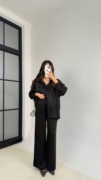 Siyah Gömlek Beli Lastikli Pantolon İkili Premium Saten Takım GAUS-0074GAUSTAKIMGAUS-0074