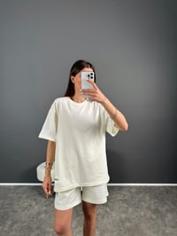 Ekru Premium Etiketli Oversize Şortlu İkili Takım GausTAKIMGU007233
