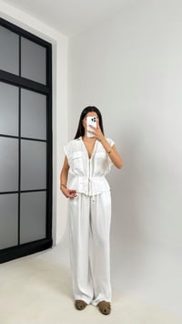 Beyaz Cepli Bağlamalı Yelek Beli Lastikli Pantolon İkili Tencel Takım Gaus00546GausTAKIMGU1002276