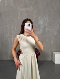 Taş Yan Dekolteli Keten Elbise Gaus00255GausELBİSEGU1001592