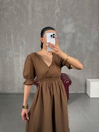 Kahve V Yaka Beli Lastikli Büzgülü Müslin Pinterest Elbise Gaus00022GausELBİSEGU1001037