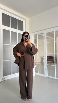 Kahve Kimono Beli Lastikli Pantolon İkili Keten Takım GAUS-01491GAUSTAKIMGAUS-01491