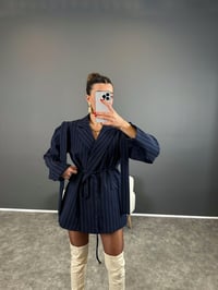 Anis Premium Lacivert Çizgili Bağlamalı Astarlı Blazer CeketGausCEKETGU004333