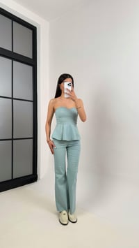 Su Yeşili Flare Jean Straplez Crop Volanlı Tasarım Takım Gaus00400GausTAKIMGU1001940