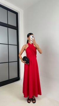 Kırmızı Çapraz Boyundan Bağlamalı Sırt Dekolteli Keten Elbise Gaus00597GausELBİSEGU1002397