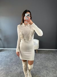 Quinn Ekru İncili Triko Romantik ElbiseGausELBİSEGU003050