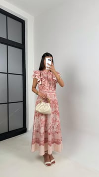 Pembe Floral Desenli Kol Fırfırlı Önü Düğmeli Keten Elbise Gaus00613GausELBİSEGU1002432
