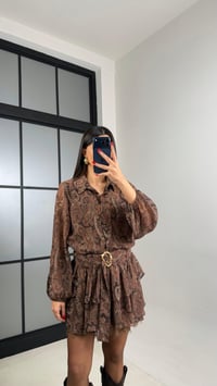 Kahve Desenli Kuşaklı Astarlı Tasarım Şifon Elbise GAUS-01007GAUSELBİSEGAUS-01007