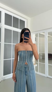 Mavi Bustiyer Palazzo Pantolon Çizgili Denim Takım GAUS-01686GAUSSuitsGAUS-01686