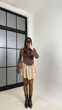 Kahve Zımba Detaylı Pileli Elbise GAUS-00734GAUSELBİSEGAUS-00734