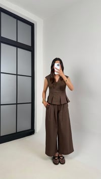 Acı Kahve V Yaka Bluz Cepli Pantolon % 100 Ham Keten Takım Gaus00483 GausTAKIMGU1002132