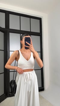Beyaz OYS Model Pedli  Crop Beli Lastikli Pantolon İkili Takım GAUS-01441GAUSTAKIMGAUS-01441