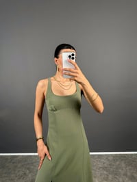 Uxor Haki Askılı Yırtmaçlı Uzun ZR Model Keten ElbiseGausELBİSEGU008661