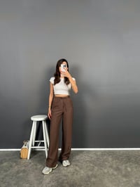 Flay Kahverengi İthal Kumaş ZR Model Bel Bağlamalı Rahat PantolonGausPANTOLONGU008846