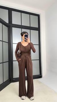 Kahve Düğmeli Bluz Beli Lastikli Eşofman Kaşmir Dokulu Takım GAUS-01333GAUSSuitsGAUS-01333