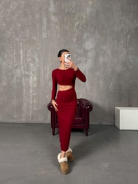 Loneva Bordo Belden Dekolteli Fitilli Yumuşak Triko ElbiseGausELBİSEGU00904392