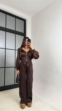 Acı Kahve Saten Detaylı Hırka Beli Lastikli Pantolon Tasarım Takım GAUS-01096GAUSTAKIMGAUS-01096