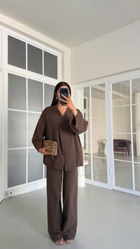 Kahve Kimono Beli Lastikli Pantolon İkili Keten Takım GAUS-01491GAUSTAKIMGAUS-01491