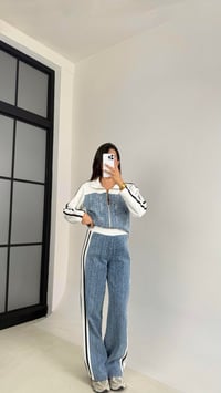 Beyaz Şeritli Denim Detaylı Hırka Beli Lastikli Pantolon İkili Takım GAUS-00113GAUSTAKIMGAUS-00113