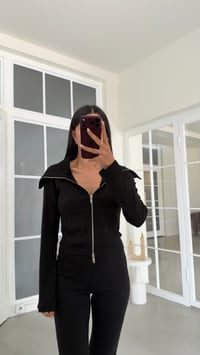 Siyah Geniş Yakalı Crop Hırka Beli Lastikli Eşofman İkili Basic Takım GAUS-02156GAUSTAKIMGAUS-02156