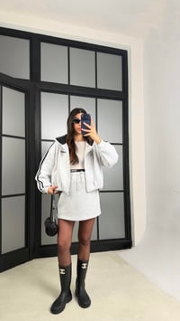 Gri Lacivert Şerit Detaylı Hırka Beli Bağcıklı Etek Şardonlu Takım Gaus-01174 GAUS-01175GAUSTAKIMGAUS-01175