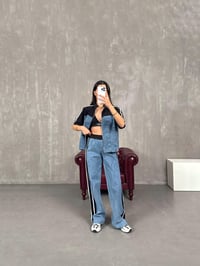 Alvin Siyah Şeritli Kısa Kollu Fermuarlı Denim Karışımlı Üst Alt TakımGausTAKIMGU100849