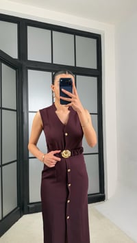 Mürdüm Kuşaklı Gold Düğme Detaylı Premium Elbise GAUS-01448GAUSELBİSEGAUS-01448