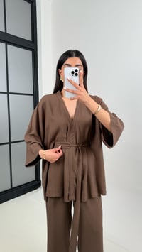 Kahve Kuşaklı Kimono Beli Lastikli Cepli Pantolon Keten Takım Gaus00397GausTAKIMGU1001929