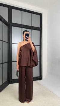 Kahve Yarasa Kol Bluz Beli Lastikli Pantolon Saten Takım GAUS-01528GAUSSuitsGAUS-01528