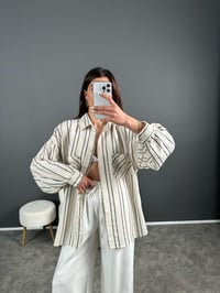 Lacivert Çizgili Keten Oversize Gömlek GausGÖMLEKGU007246
