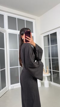 Füme Geniş Kol Bluz Beli Lastikli Pantolon İkili Kaşmir Dokulu Selanik Kumaş Takım GAUS-02293GAUSTAKIMGAUS-02293