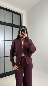 Mürdüm Çift Fermuarlı Hırka Beli Lastikli Pantolon Triko Takım GAUS-01090GAUSTAKIMGAUS-01090